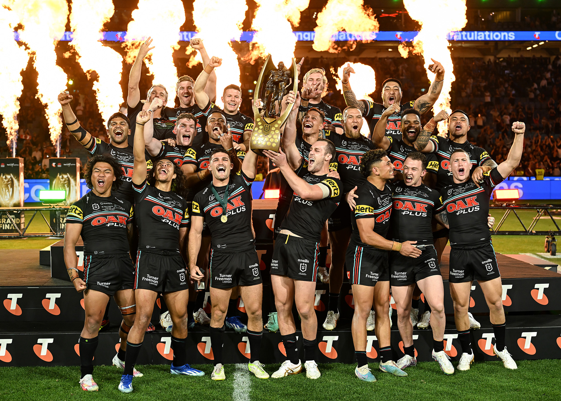 Penrith Panthers celebrate their 2023 Grand Final three peat
